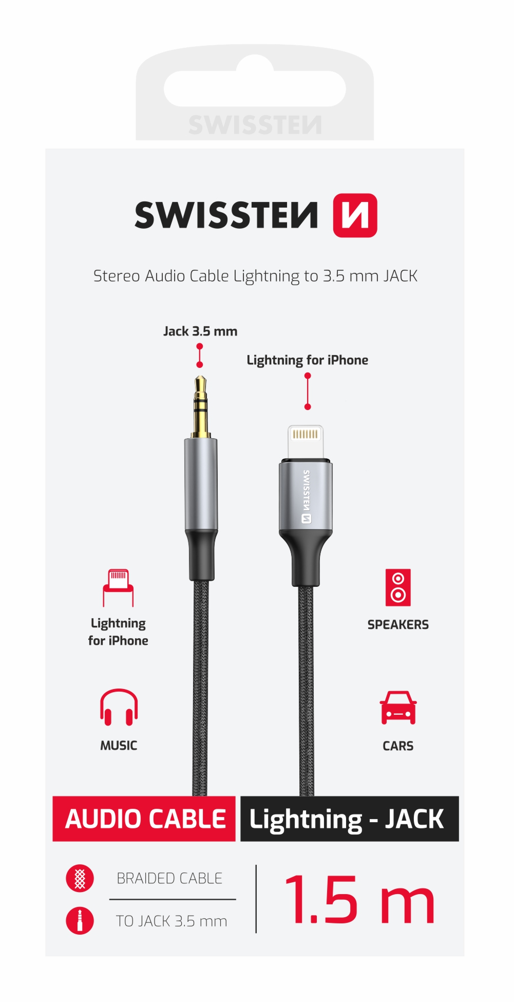 Swissten Textile 3.5mm Jack (Male) To Lightning Audio Adapter - 73502307 - 1.5 Meter - Black 1 Swissten Textile 3.5mm Jack (Male) To Lightning Audio Adapter - 73502307 - 1.5 Meter - Black
