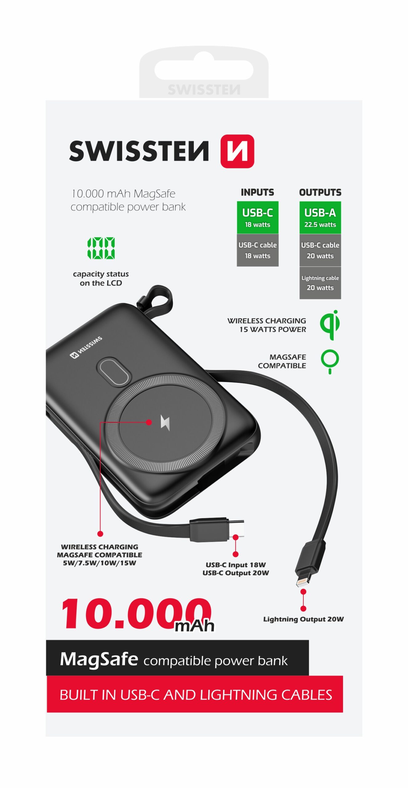 Swissten 20W MagSafe Powerbank With Built-in USB-C & Lightning Cables - 10.000 mAh - 22013933 1 Swissten 20W MagSafe Powerbank With Built-in USB-C & Lightning Cables - 10.000 mAh - 22013933