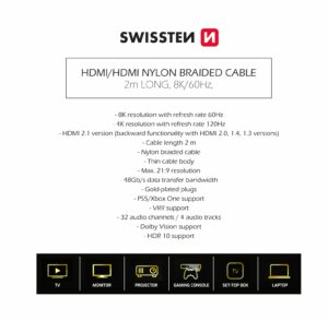Swissten 8K 60Hz HDMI Cable - 75501201 - 2 meter 5 Swissten 8K 60Hz HDMI Cable - 75501201 - 2 meter - Image 5