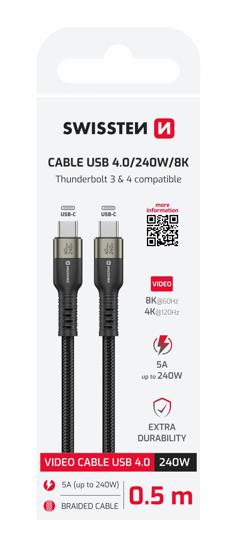 Swissten USB-C 4.0 Video Data Cable (240W) - 72501203 - 0.5 Meter 1 Swissten USB-C 4.0 Video Data Cable (240W) - 72501203 - 0.5 Meter