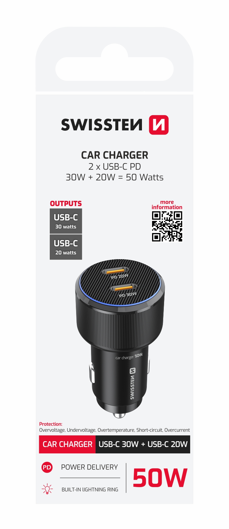 Swissten Dual USB-C Car Charger (50W) - 20111905 - Black 1 Swissten Dual USB-C Car Charger (50W) - 20111905 - Black