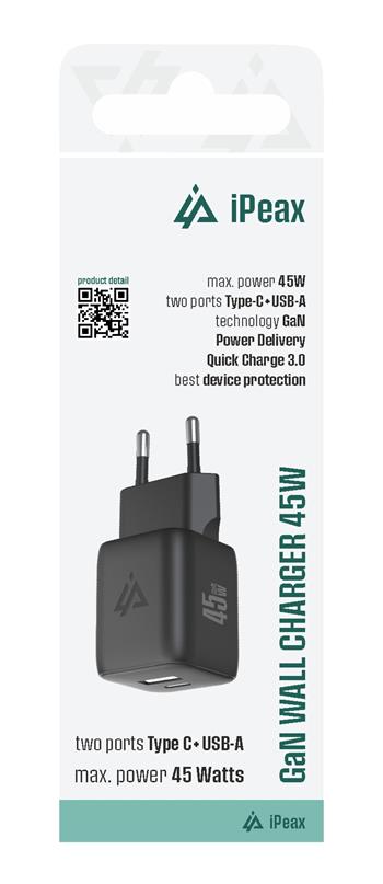 iPeax GaN USB-A + USB-C Wall Charger (45W) - 90010128 - Black 1 iPeax GaN USB-A + USB-C Wall Charger (45W) - 90010128 - Black